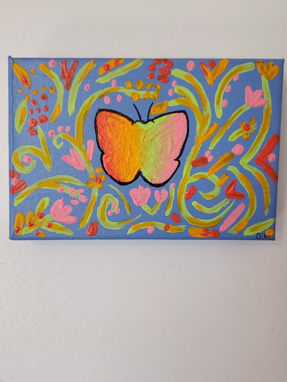 Original Handmade Painting Butterfly Floral Canvas 4" x 6" Art Work Home Decor